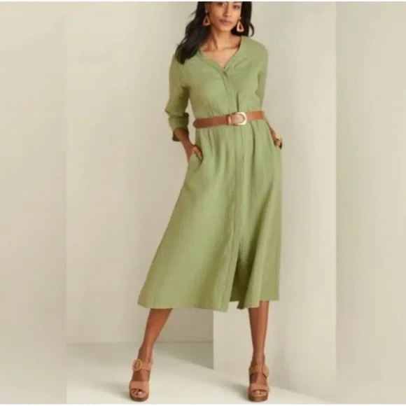 NWT SOFT SURROUNDINGS Drina Gauze Button Front Midi Dress Fern‎ Green Sz Medium - Picture 3 of 12